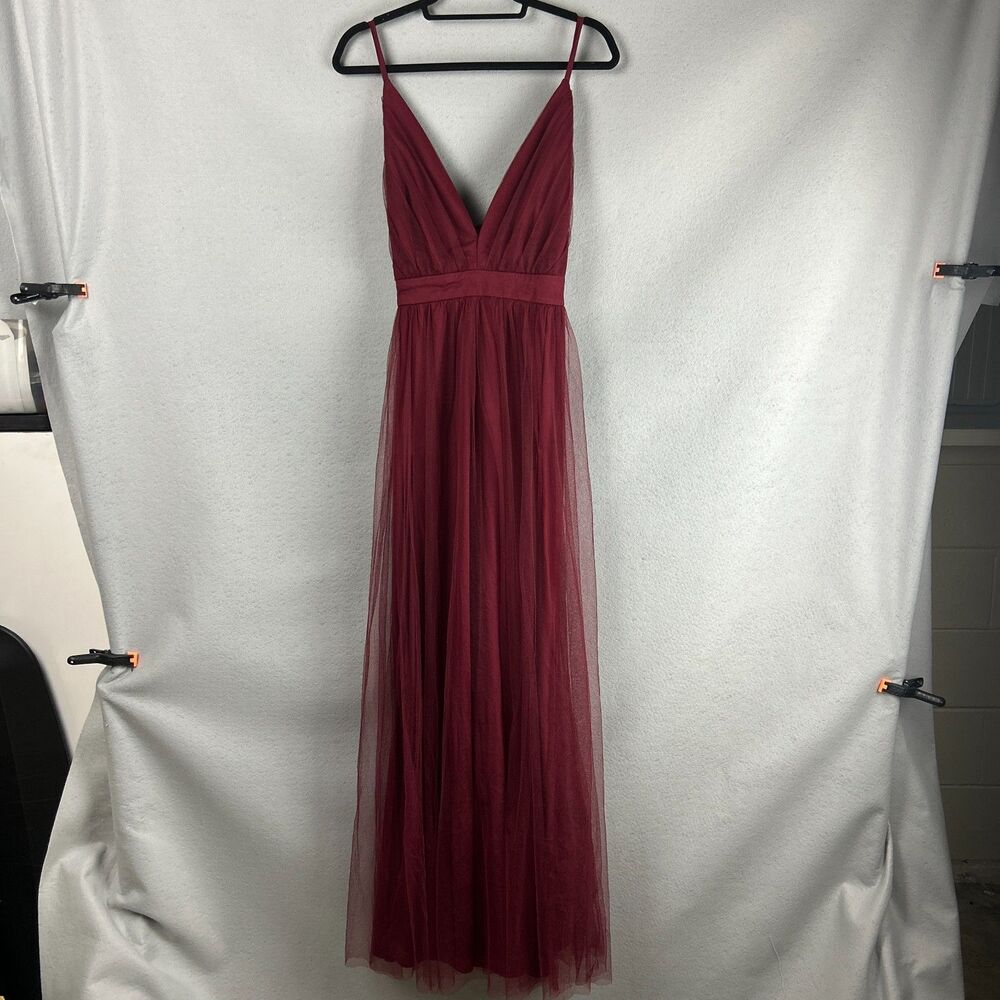 Lulus Burgundy Tulle Maxi Gown 2X Deep V Spaghetti Strap Front Slit Bridesmaid